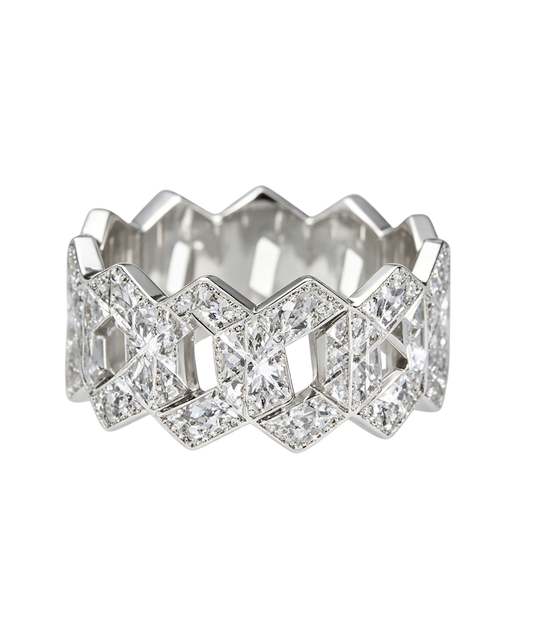 Cuban link ring with square pavé gemstone panels, silver-tone setting