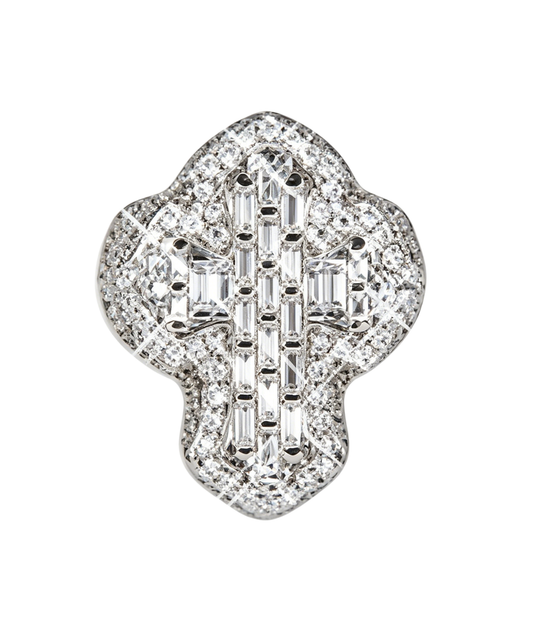 VVS(CZ) fleur cross ring with baguette and round diamond accents