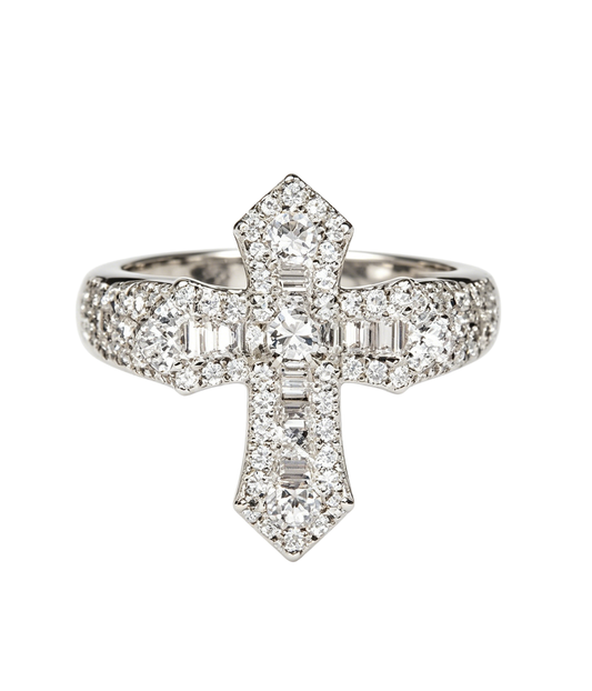 Gothic cross rhinestone ring with clustered square stones, silver-tone band