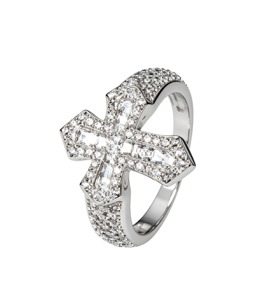 Gothic cross rhinestone ring, silver-tone band with round and square stones