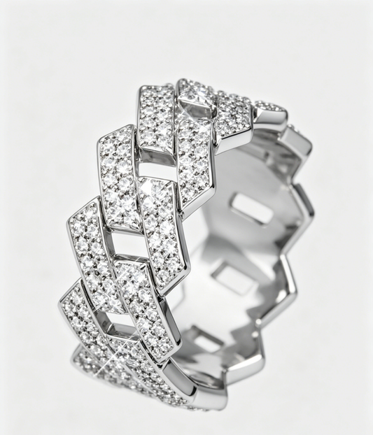 Cuban link ring angled view, sparkling pavé square links in silver-tone