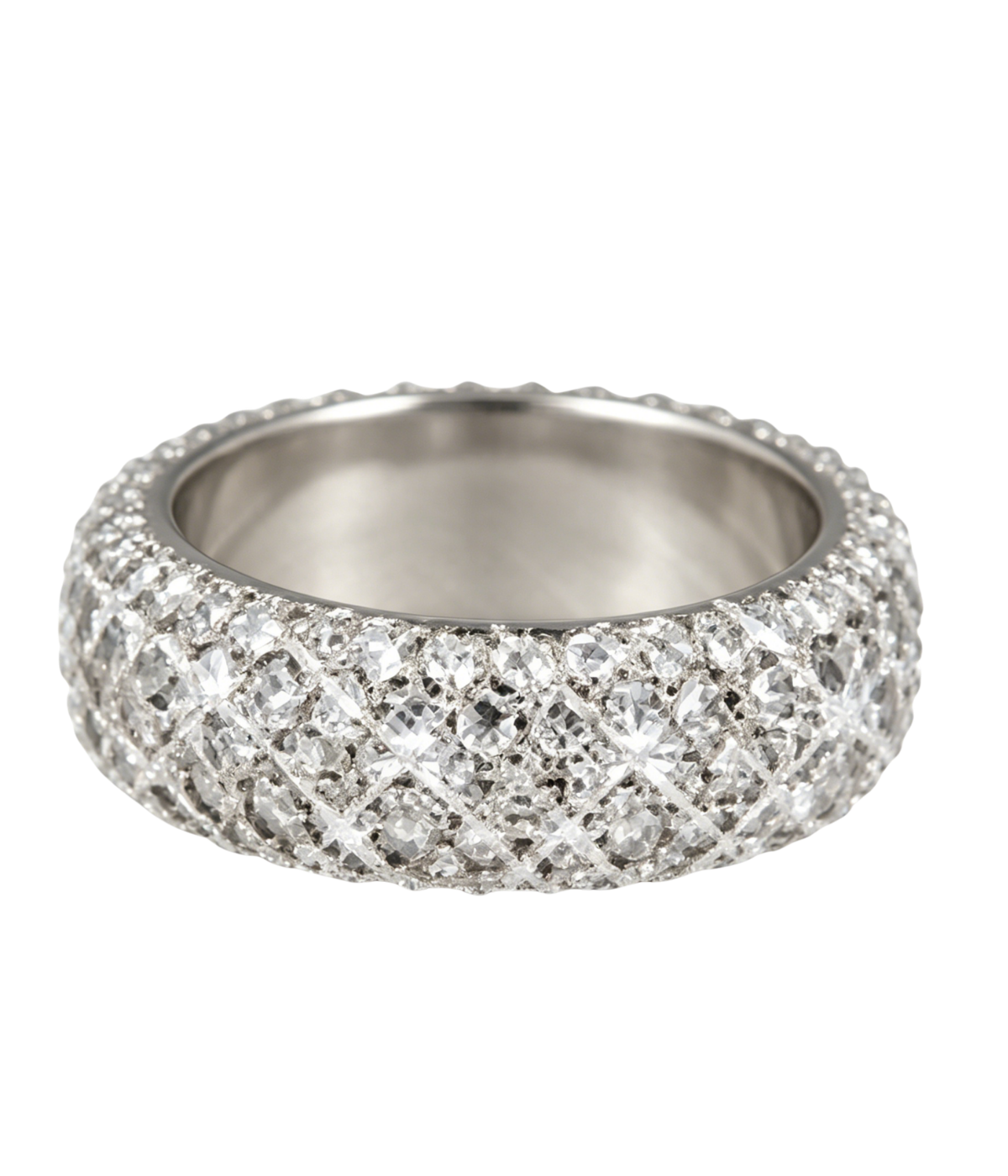 Five-row iced band ring with sparkling crystal-like stones and silver-tone band.