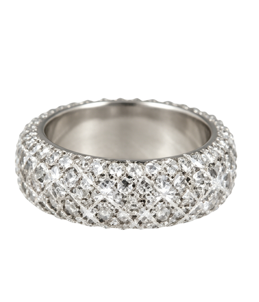 Five-row iced band ring with sparkling crystal-like stones and silver-tone band.