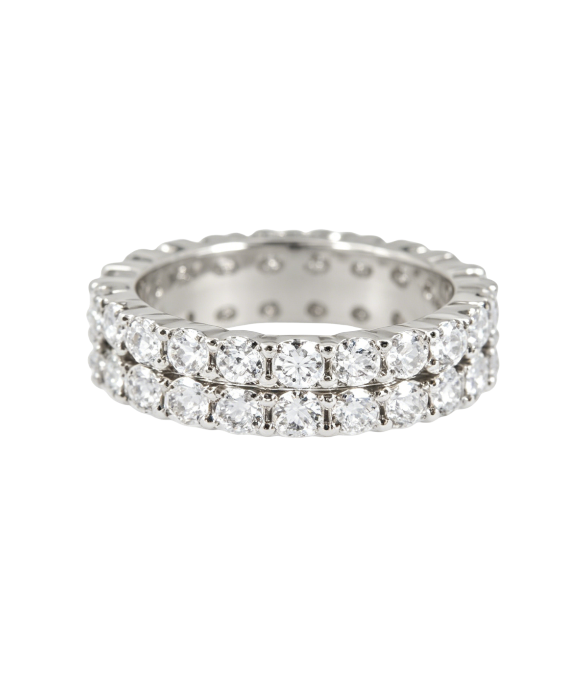 Two-row moissanite band ring with prong-set round stones, silver tone