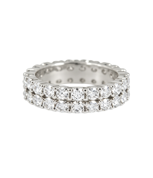 Two-row moissanite band ring with prong-set round stones, silver tone