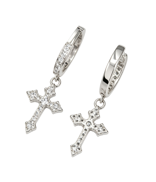 White gold iced cross drop earrings with sparkling crystal cross dangles