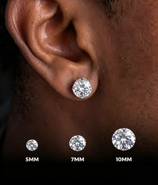 Round moissanite stud earrings on ear, 5mm, 7mm, and 10mm round stones