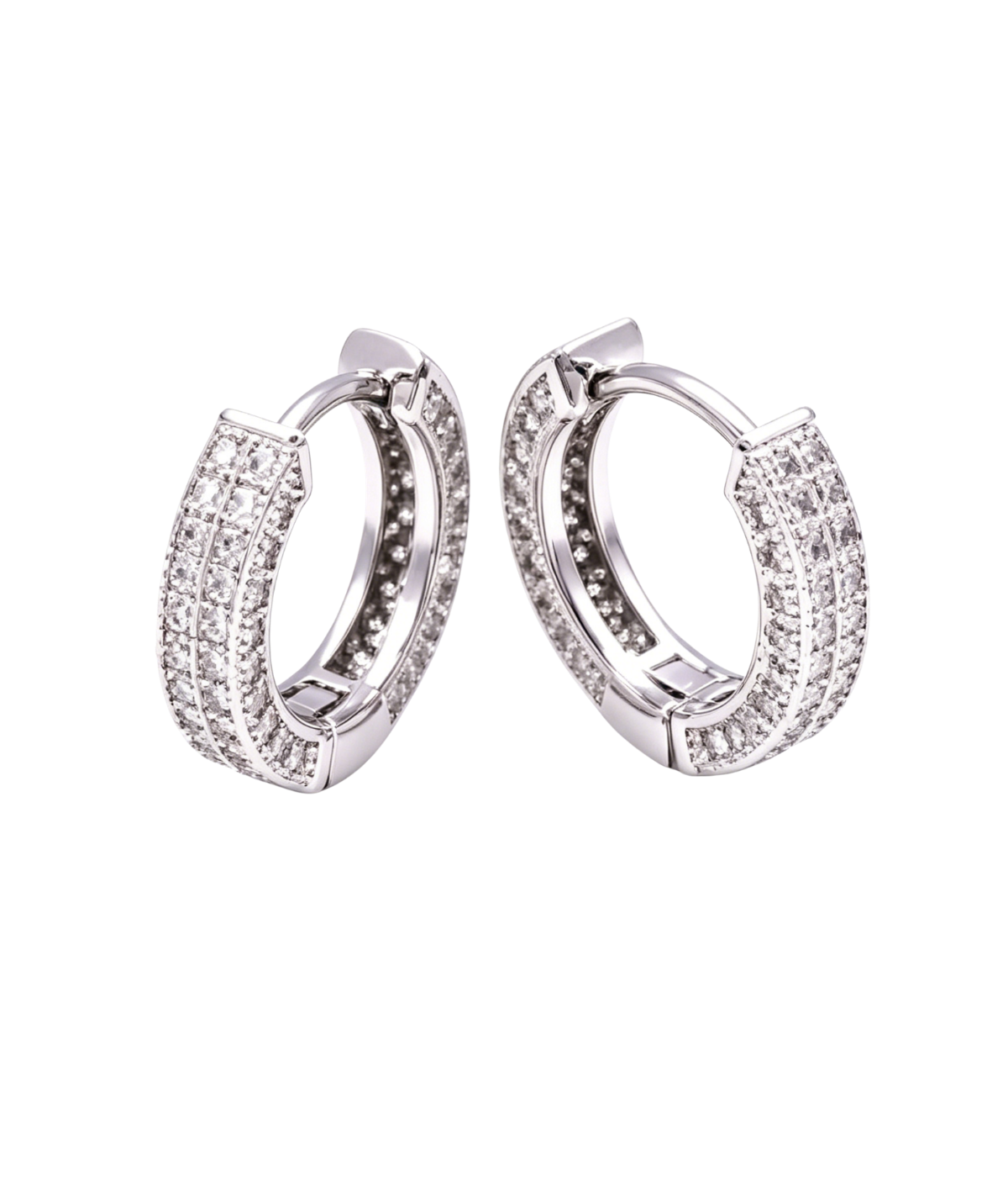Side halo moissanite hoop earrings with pavé stones, silver-tone