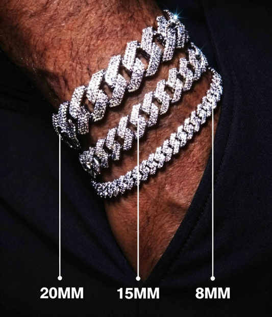 Cuban link bracelet, sparkling stone in 8mm, 15mm, and 20mm widths