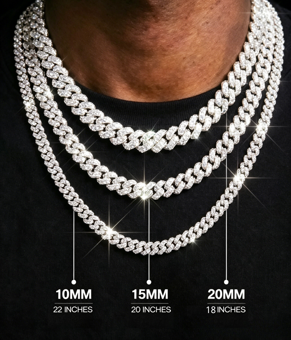 Silver-tone Cuban link chain set with 10mm, 15mm, 20mm widths, layered links