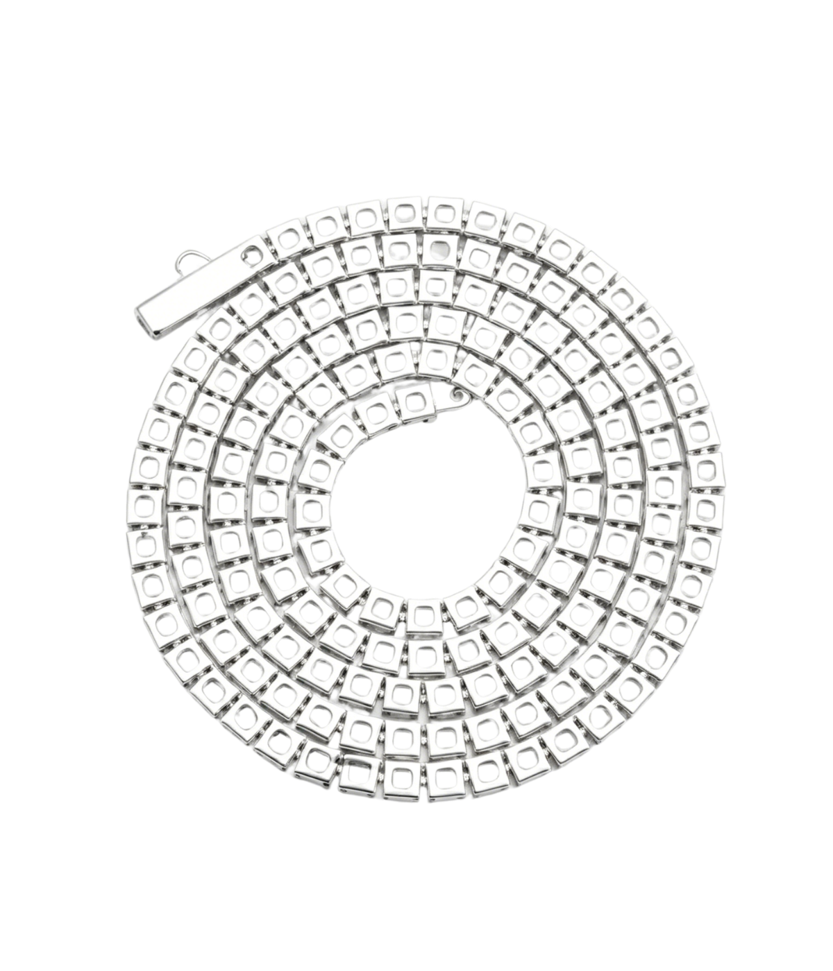 Silver moissanite tennis chain coil with rectangular faceted stone links and clasp.
