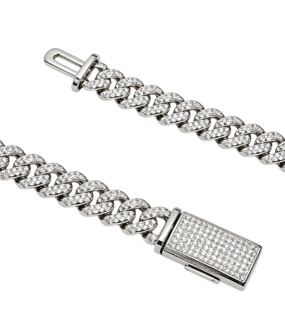 Cuban link moissanite chain with box clasp in white gold