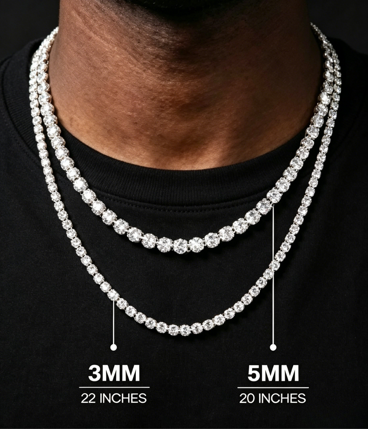 Silver moissanite tennis chain, dual rows showing 3mm and 5mm thickness.