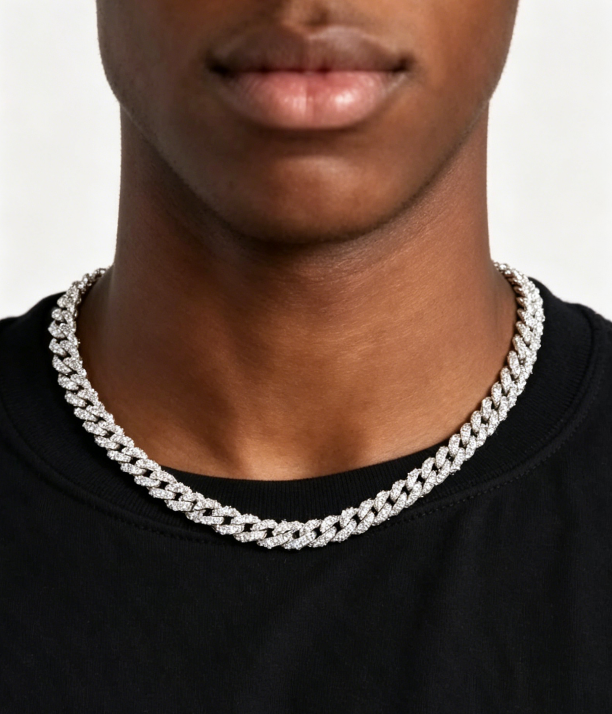 8mm Cuban link moissanite chain in white gold, worn on neck