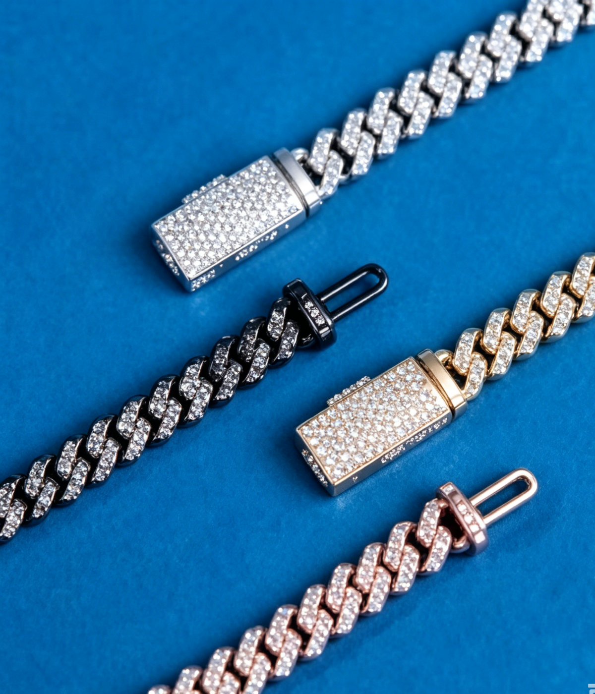 Cuban link bracelets with sparkling pavé rectangle centerpiece and clasp, three styles