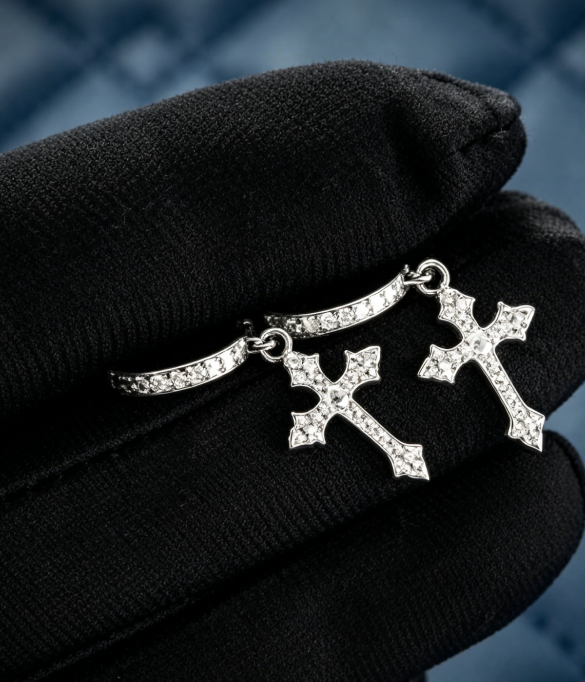 Iced cross charm drop earrings on hinged hoop with pave crystal accents