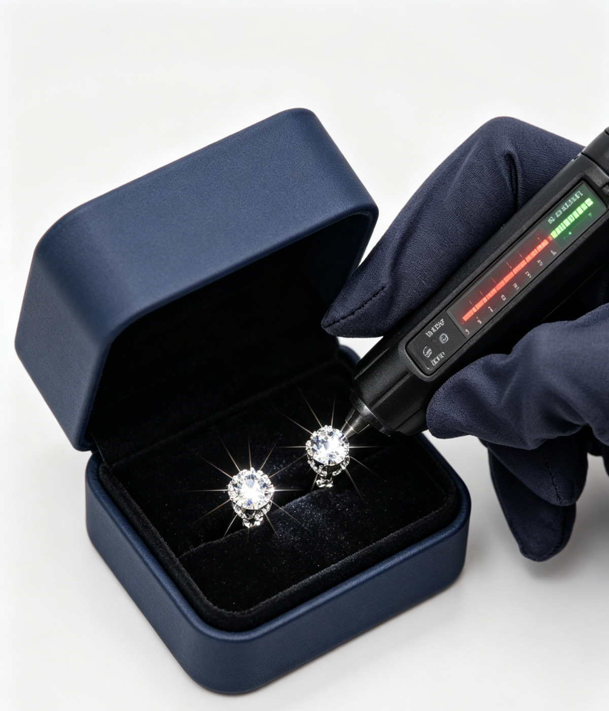 Round moissanite stud earrings in open box, two prong-set stones