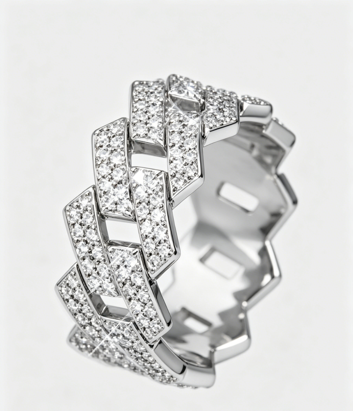Cuban link ring angled view, sparkling pavé square links in silver-tone
