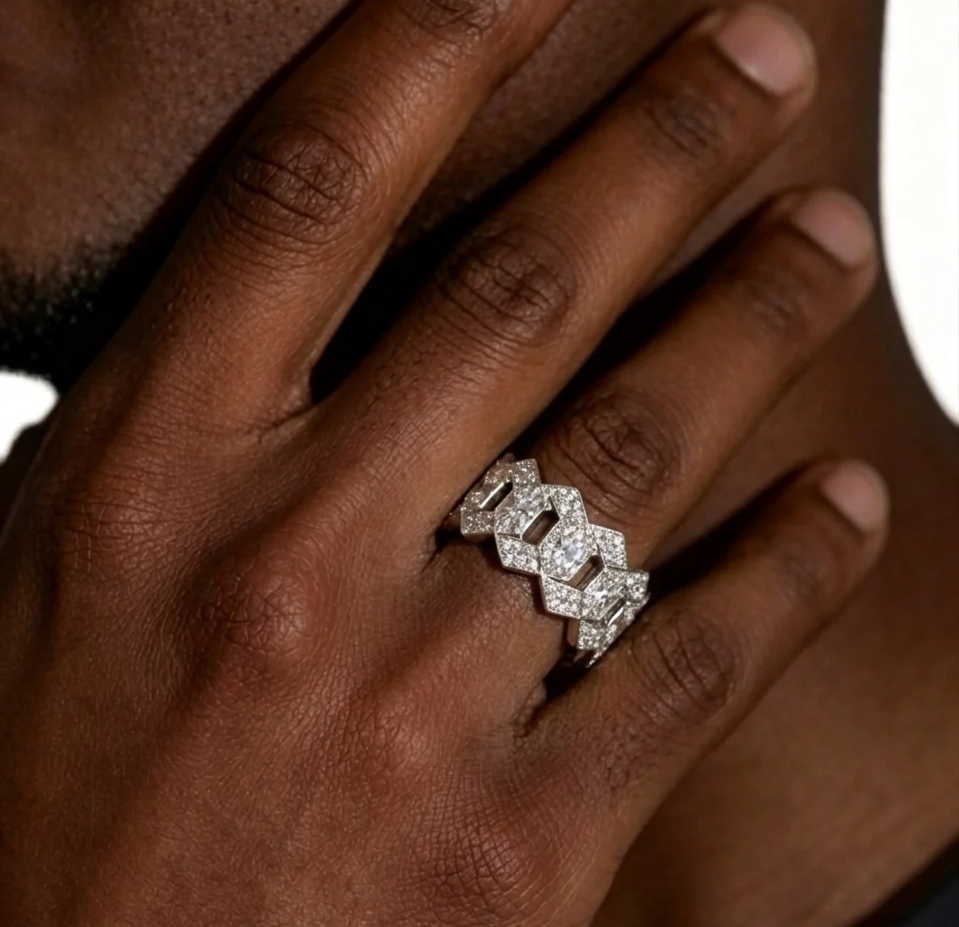 Cuban link ring on finger, silver-tone with pavé square gemstone links