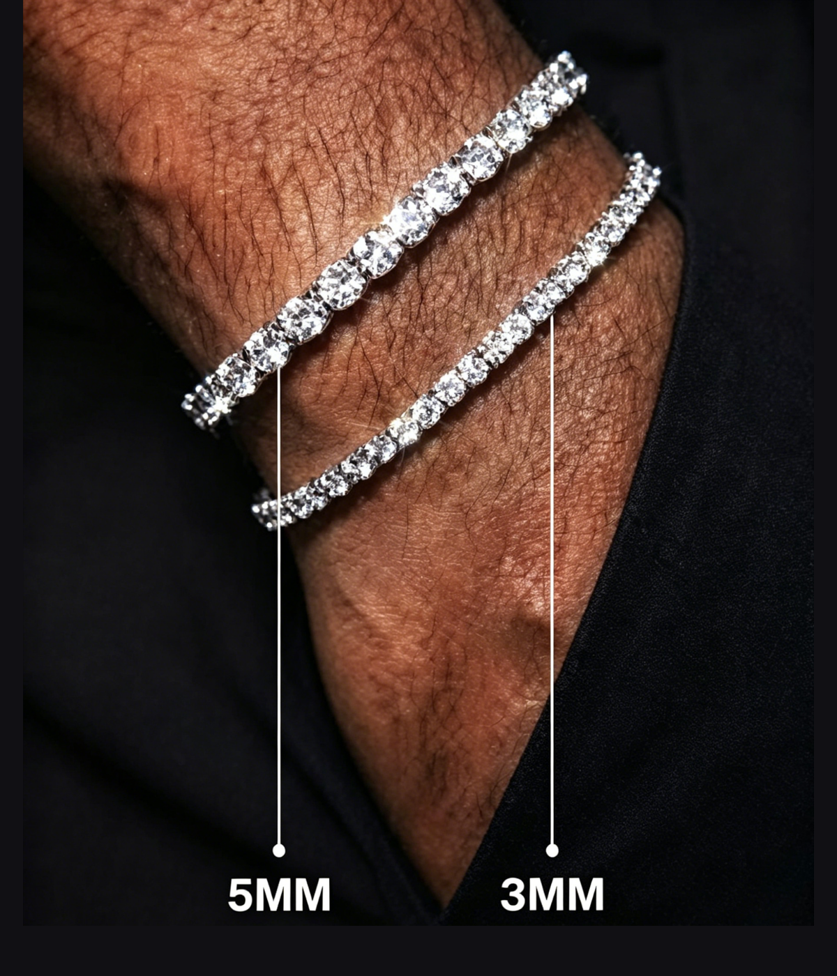 5mm and 3mm tennis bracelet shown side-by-side with clear stones