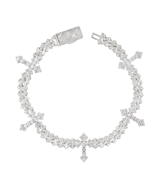 White gold cross Cuban link bracelet with clasp and cross charms, full circular view