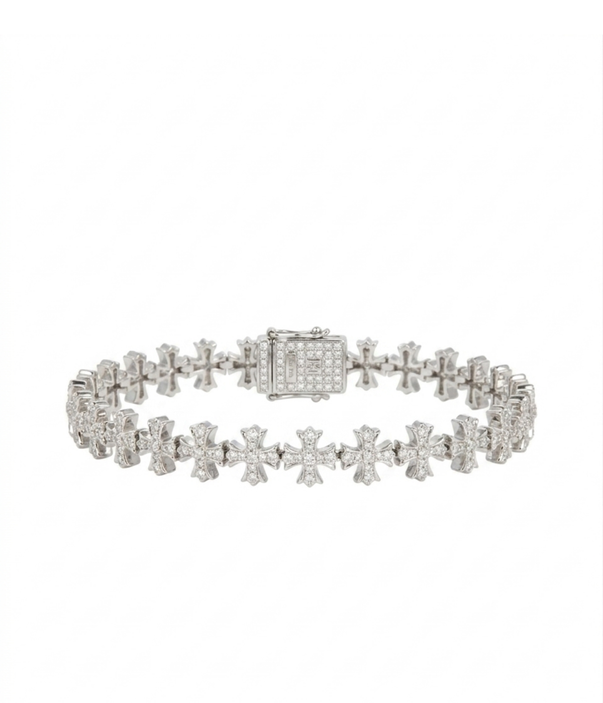 White gold cross-link bracelet with alternating cross charms and center pavé clasp