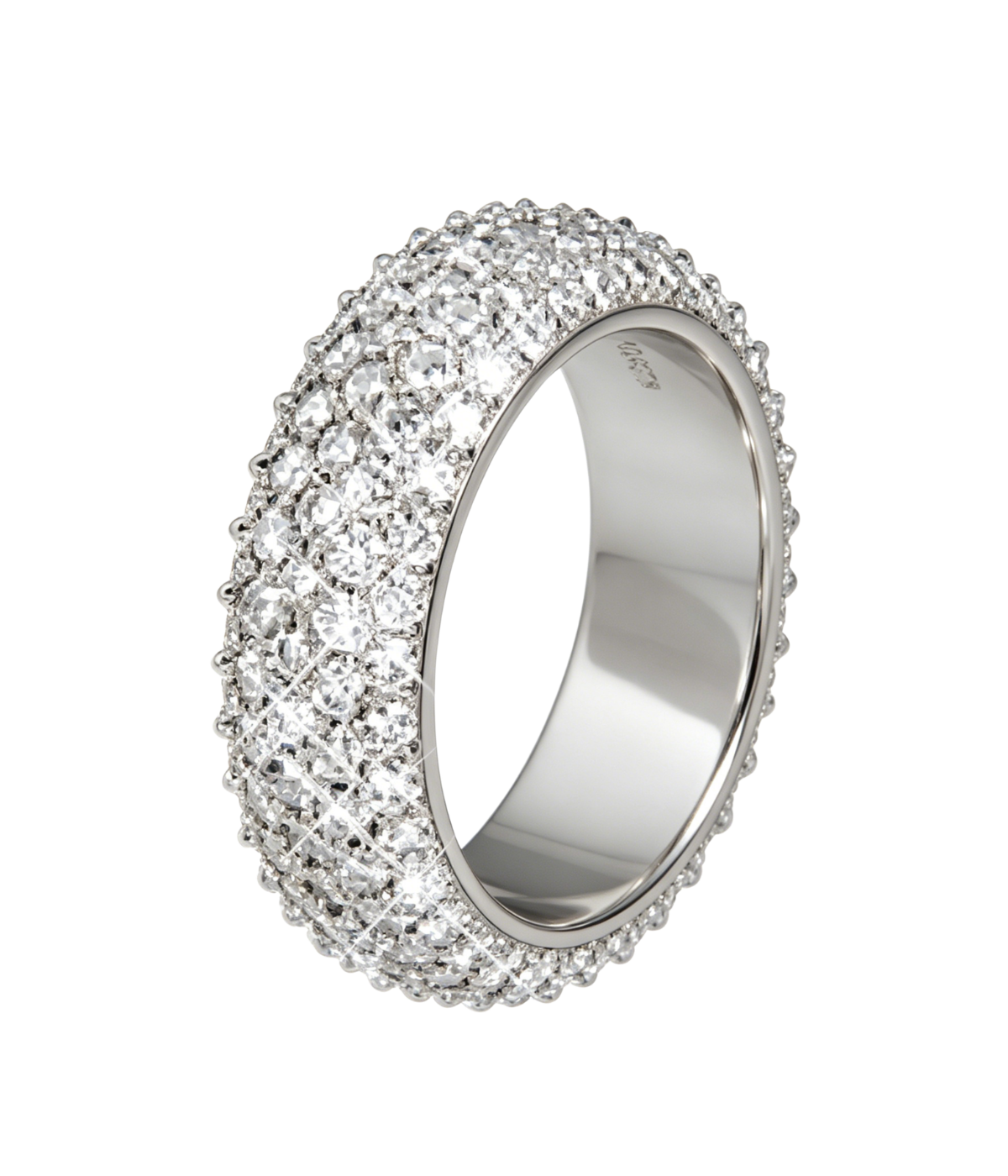 Five-row iced band ring side view, high-shine silver-tone with crystal-like stones.